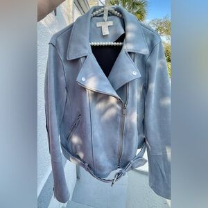 H&M Faux Suede Moto Jacket full zip/collard powder blue EUC Sz 14 fits l…